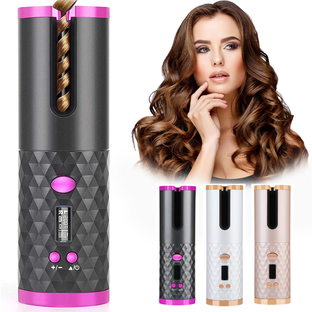 Wiederaufladbarer automatischer Lockenstab für Damen – tragbarer Haar-Curler mit LCD-Display, Keramikbeschichtung, rotierender Locken- und Wellenstyler.